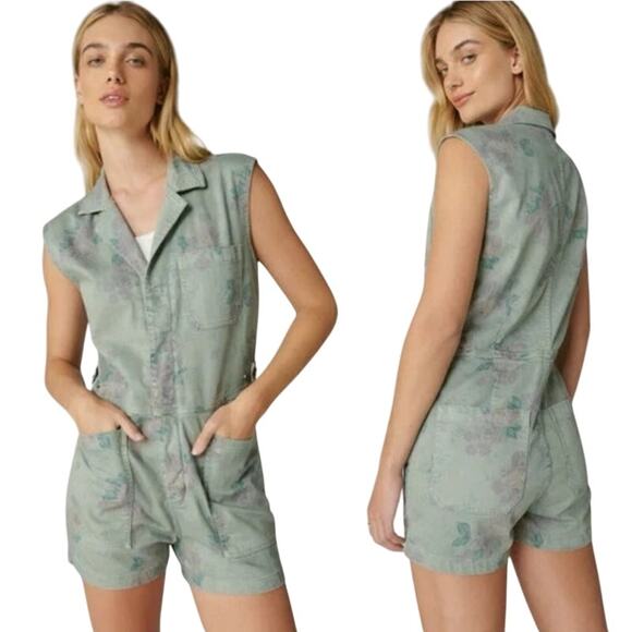 Lucky Brand X Laura Ashley Coverall Romper Floral Denim Cinch Waist Green  Large - Picture 2 of 9